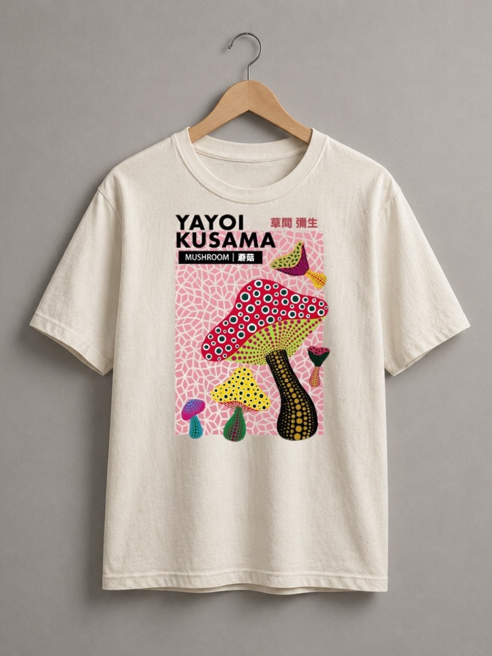 Off White Short-Sleeve Tee with Multicolor Mushroom Graphic